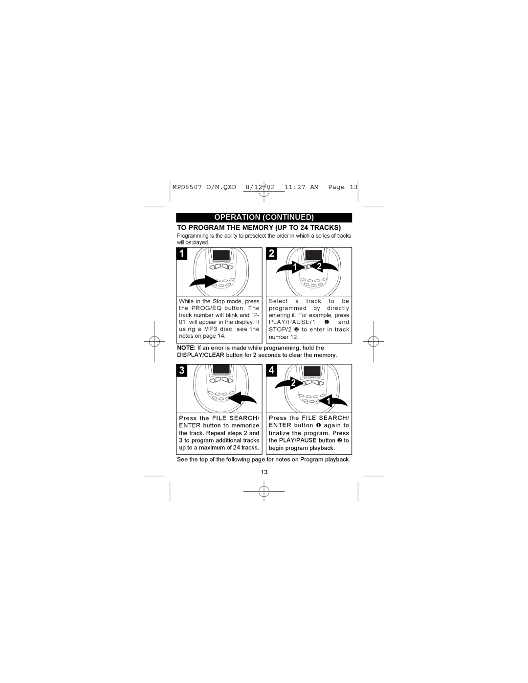 Memorex MPD8507 manual To Program the Memory UP to 24 Tracks 