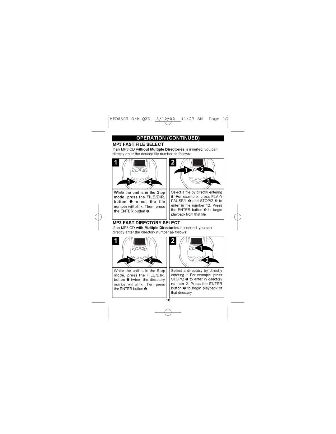 Memorex MPD8507 manual MP3 Fast File Select, MP3 Fast Directory Select 
