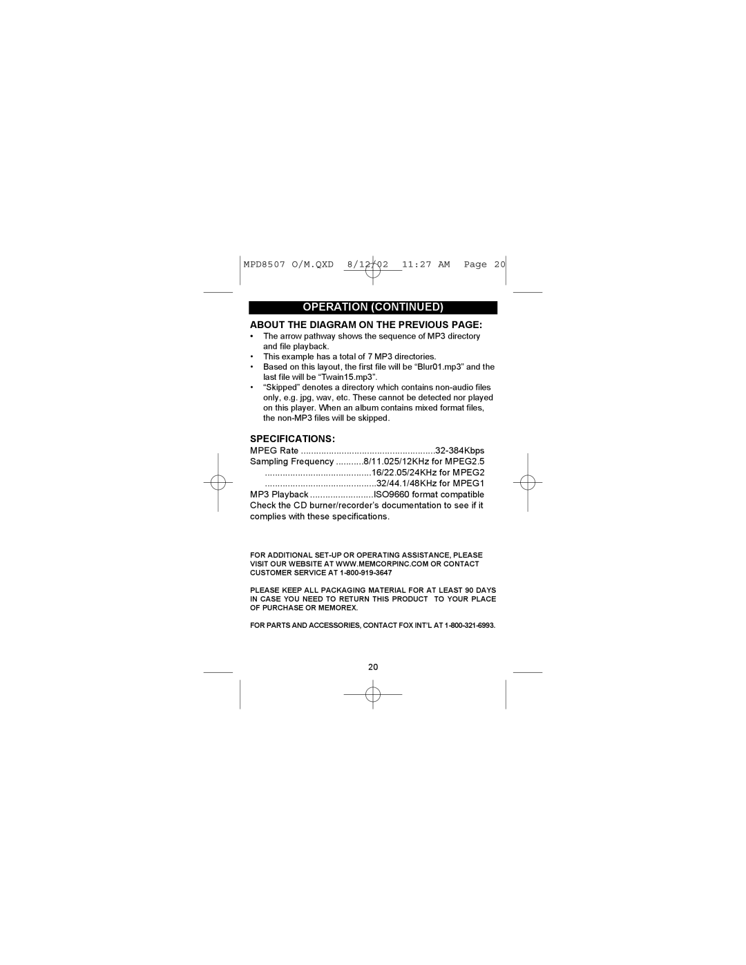 Memorex MPD8507 manual About the Diagram on the Previous, Specifications 