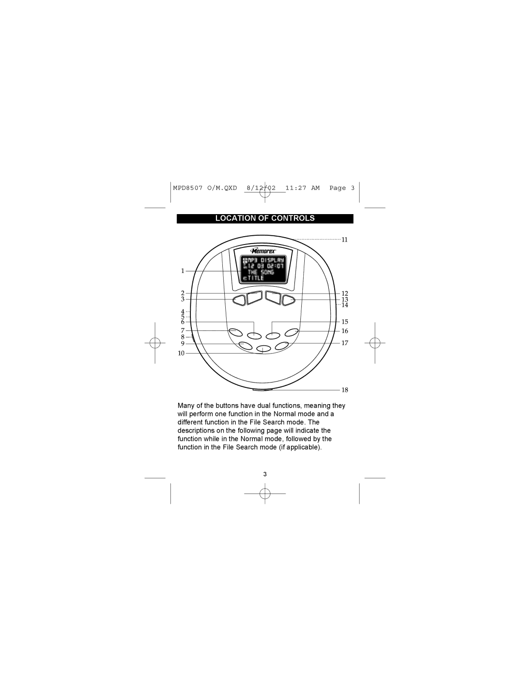 Memorex MPD8507 manual Location of Controls 