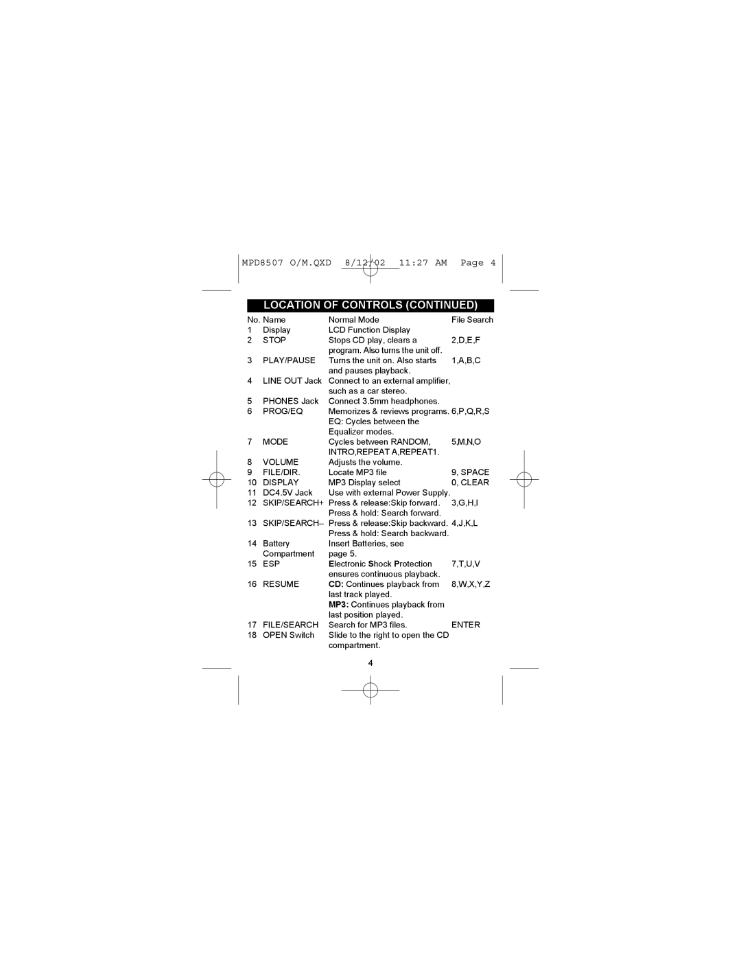 Memorex MPD8507 manual Stop 