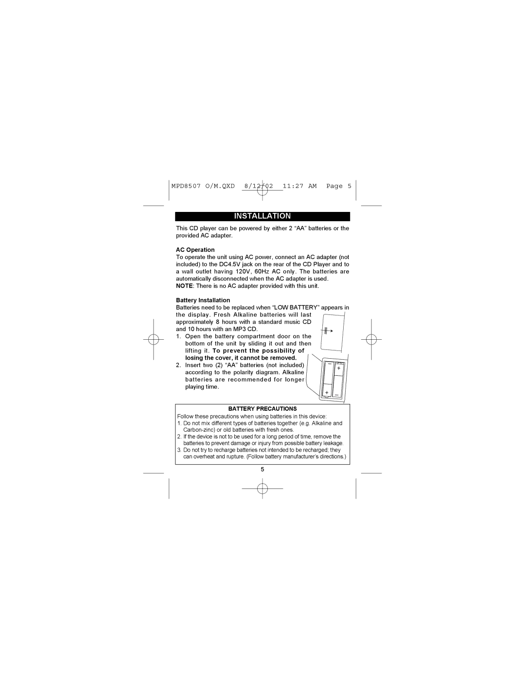 Memorex MPD8507 manual Installation, Battery Precautions 