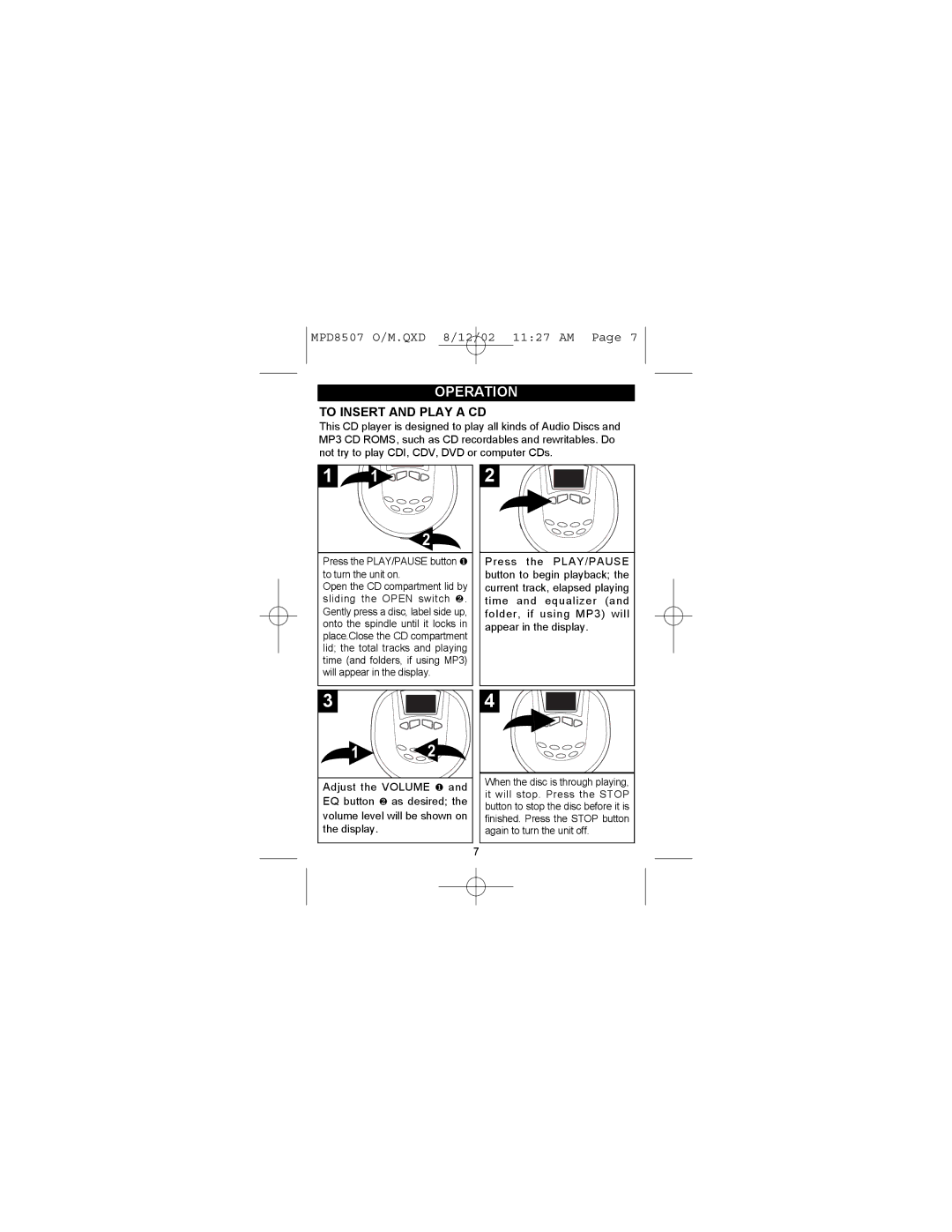 Memorex MPD8507 manual Operation, To Insert and Play a CD 