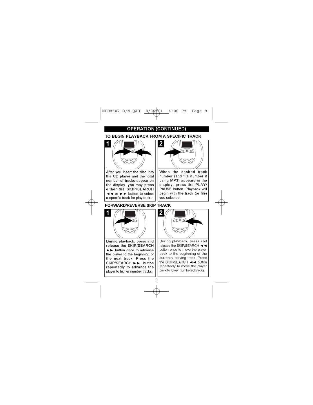 Memorex MPD8507CP operating instructions To Begin Playback from a Specific Track, FORWARD/REVERSE Skip Track 