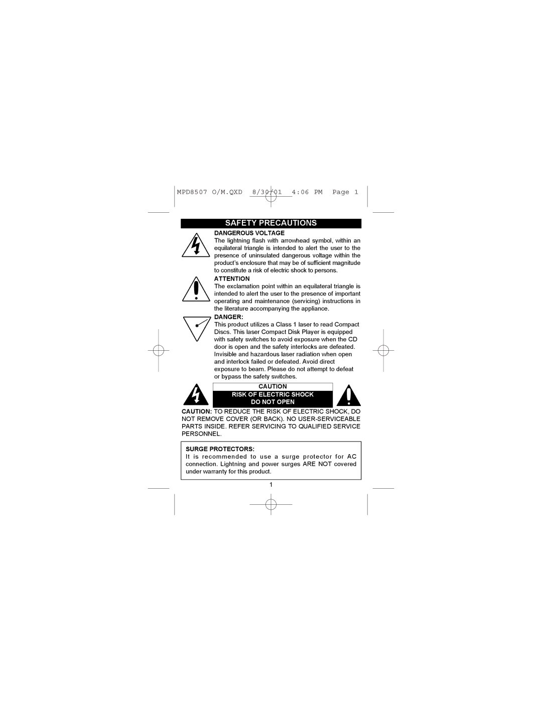 Memorex MPD8507CP operating instructions Safety Precautions, Surge Protectors 