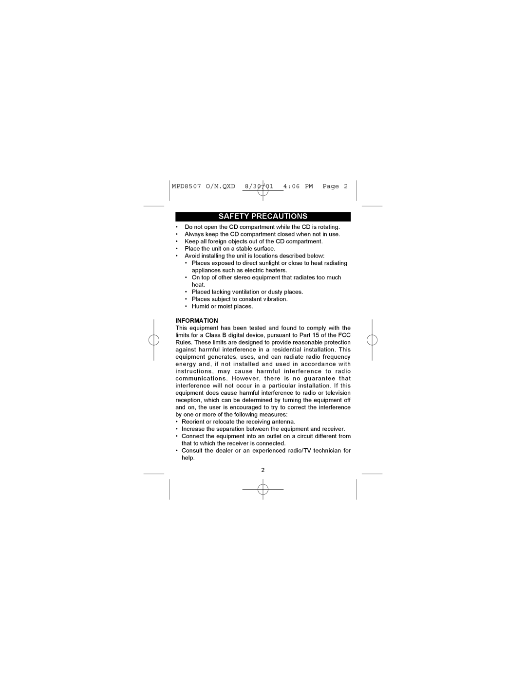 Memorex MPD8507CP operating instructions Information 