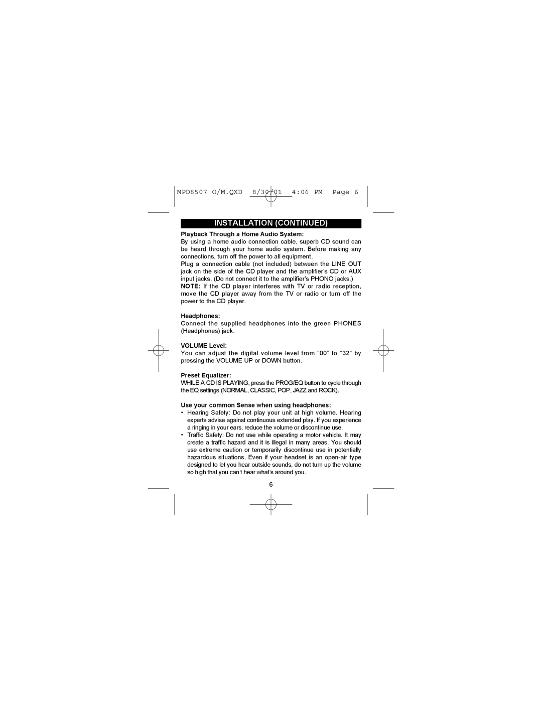 Memorex MPD8507CP operating instructions Installation, Playback Through a Home Audio System 