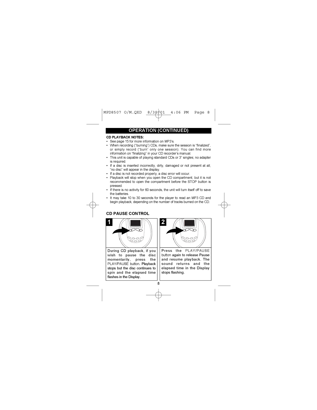 Memorex MPD8507CP operating instructions CD Pause Control, CD Playback Notes 