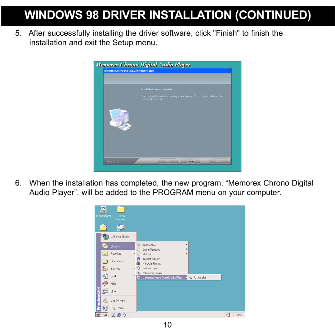 Memorex MPD8600 manual Windows 98 Driver Installation 