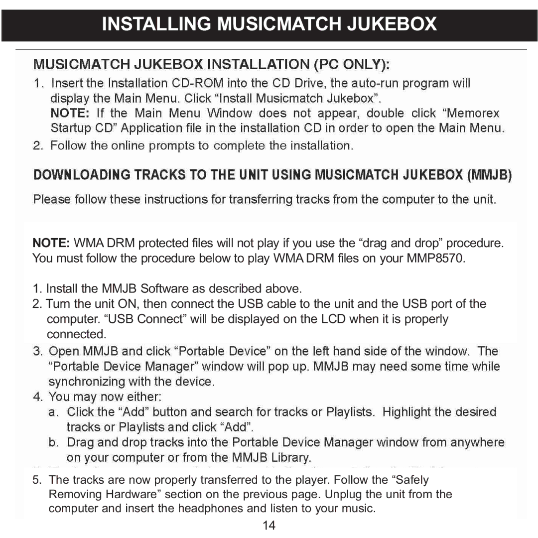 Memorex MPD8600 manual Installing Musicmatch Jukebox 