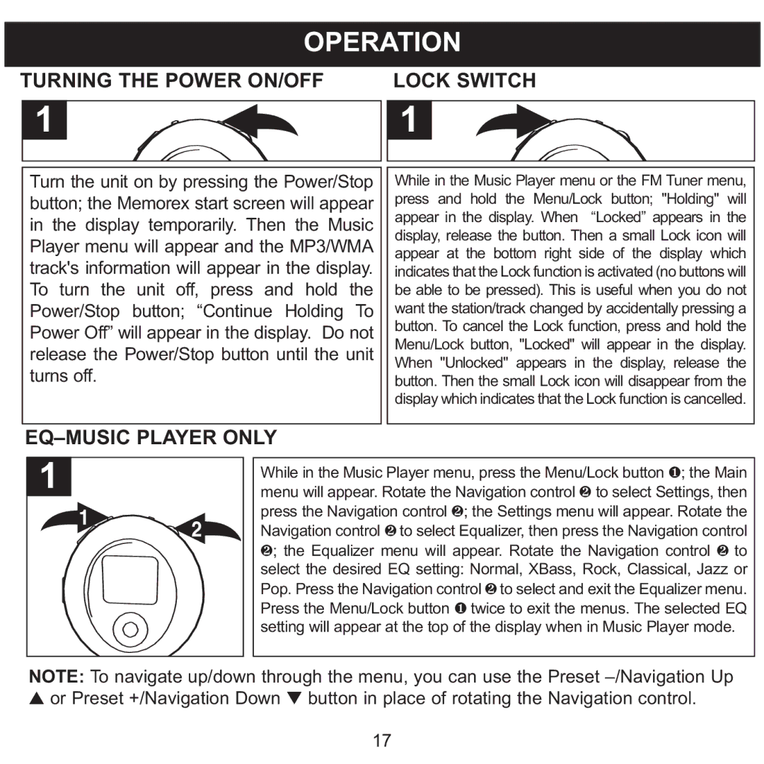 Memorex MPD8600 manual Operation, Turning the Power ON/OFF Lock Switch, EQ-MUSIC Player only 