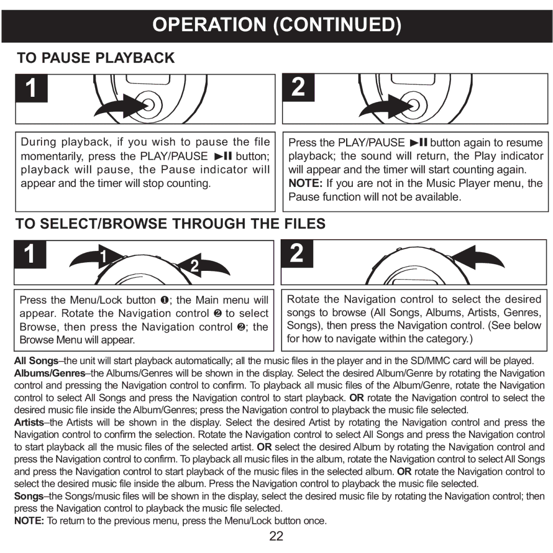 Memorex MPD8600 manual To Pause Playback, To SELECT/BROWSE Through Files 