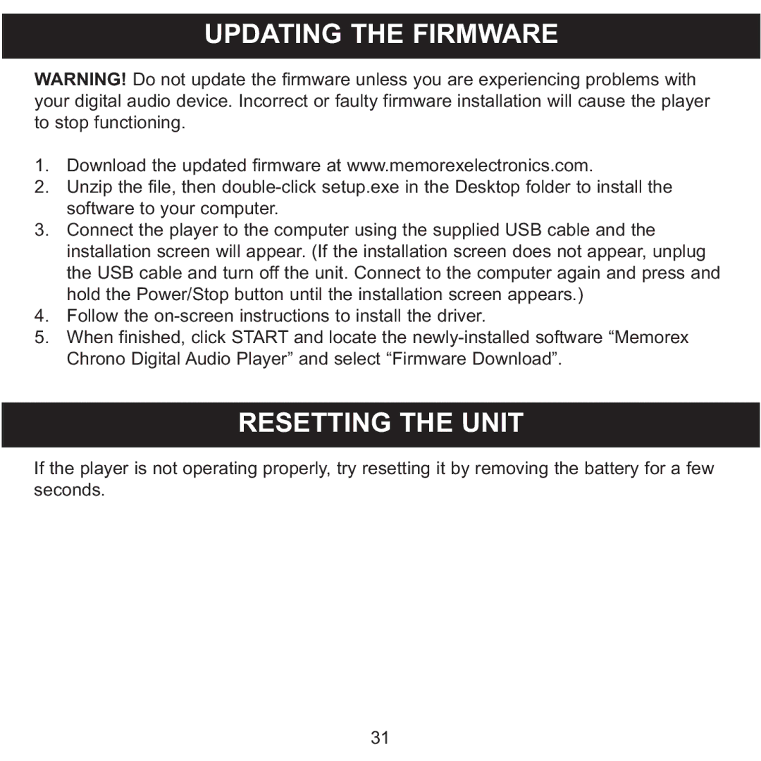 Memorex MPD8600 manual Updating the Firmware, Resetting the Unit 