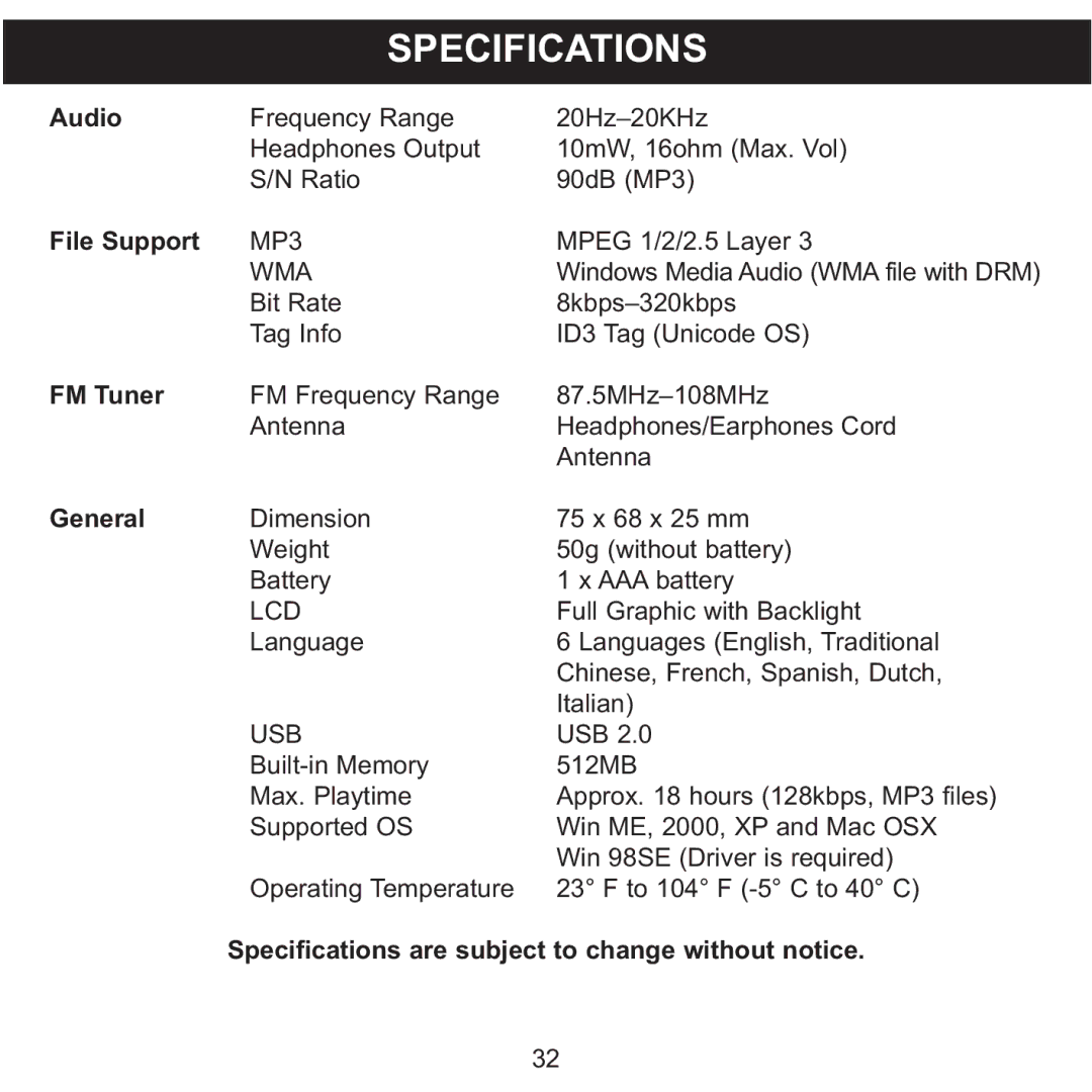 Memorex MPD8600 manual Audio File Support FM Tuner General, Specifications are subject to change without notice 