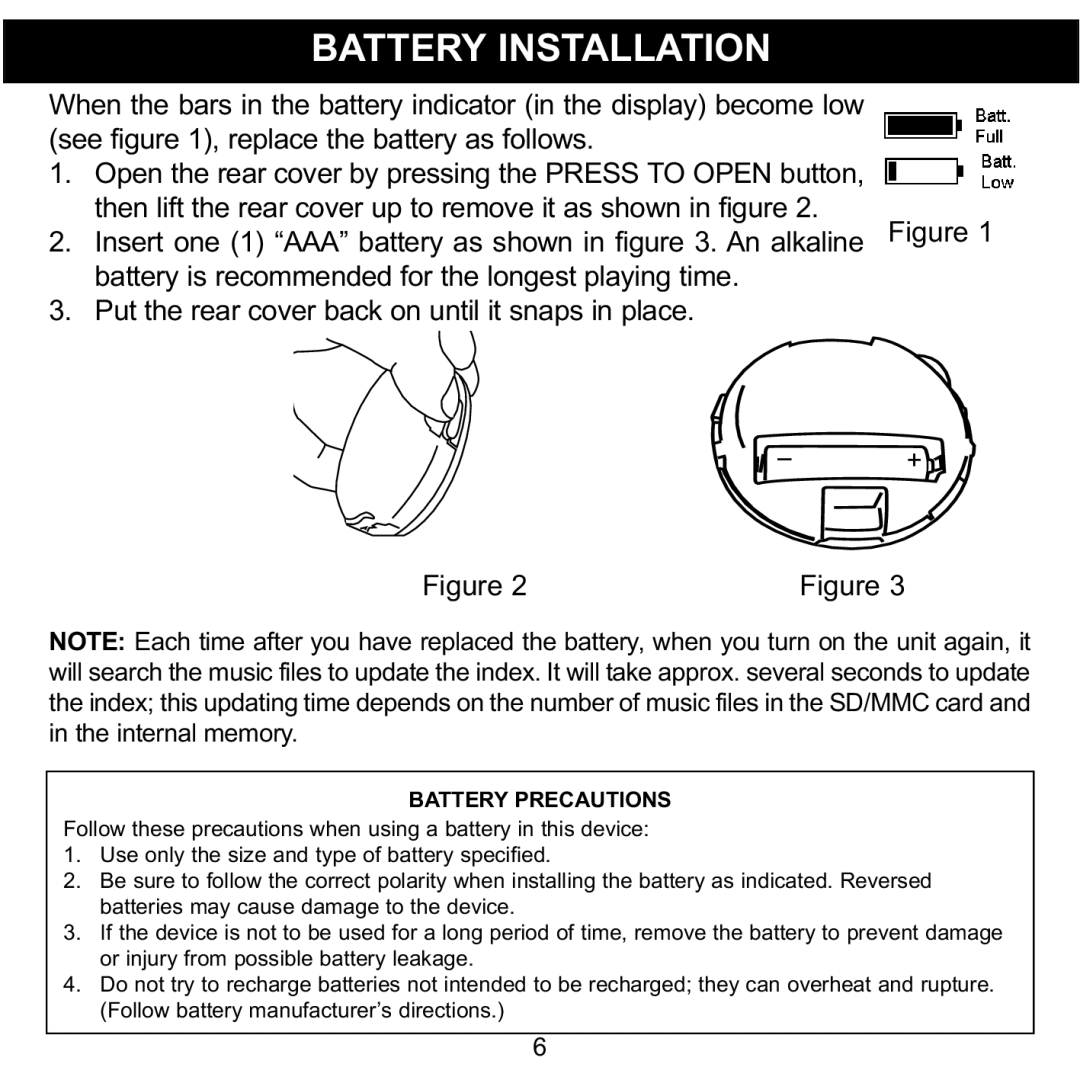 Memorex MPD8600 manual Battery Installation, Battery Precautions 