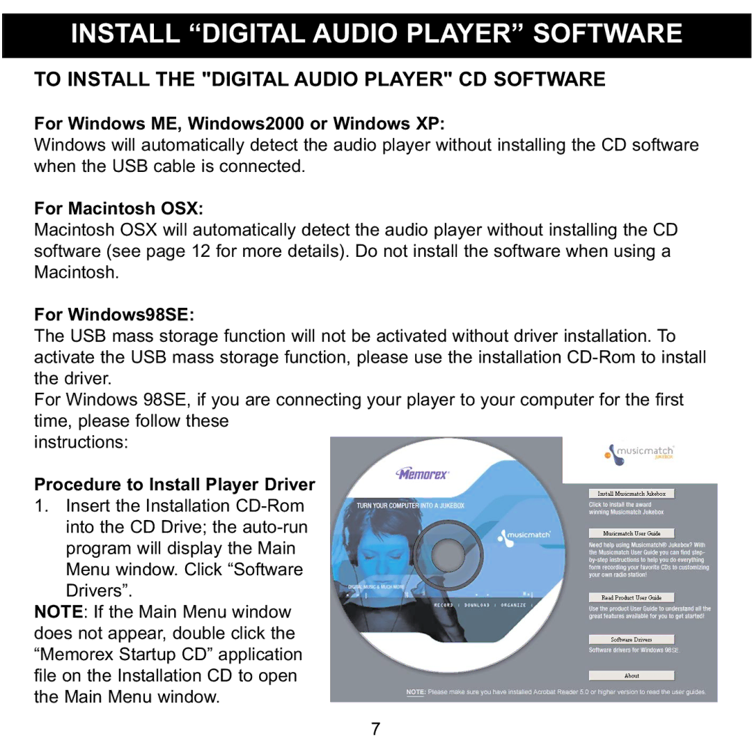 Memorex MPD8600 Install Digital Audio Player Software, To Install the Digital Audio Player CD Software, For Macintosh OSX 