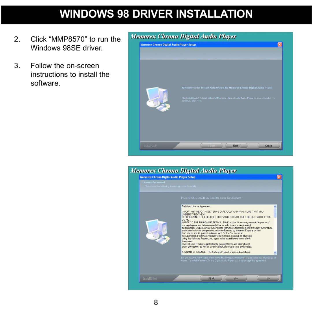 Memorex MPD8600 manual Windows 98 Driver Installation 