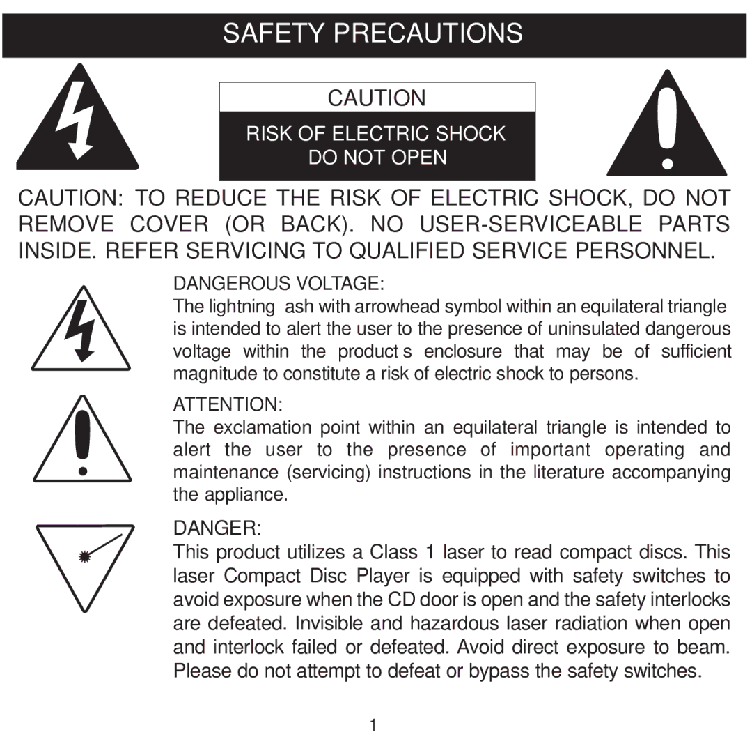 Memorex MPD8601 manual Safety Precautions, Risk of Electric Shock Do not Open 