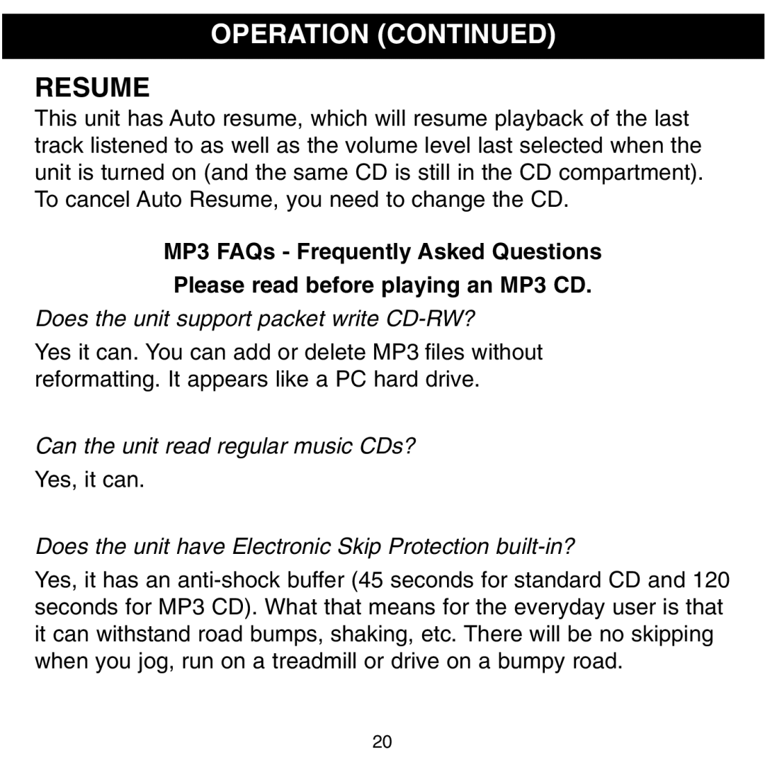 Memorex MPD8601 manual Resume 