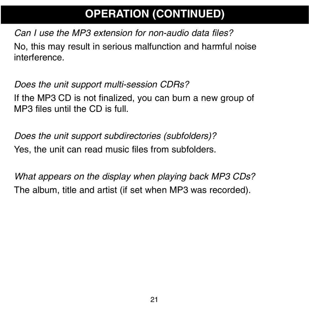 Memorex MPD8601 manual Can I use the MP3 extension for non-audio data files? 