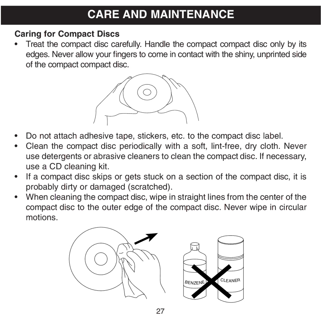 Memorex MPD8601 manual Care and Maintenance, Caring for Compact Discs 