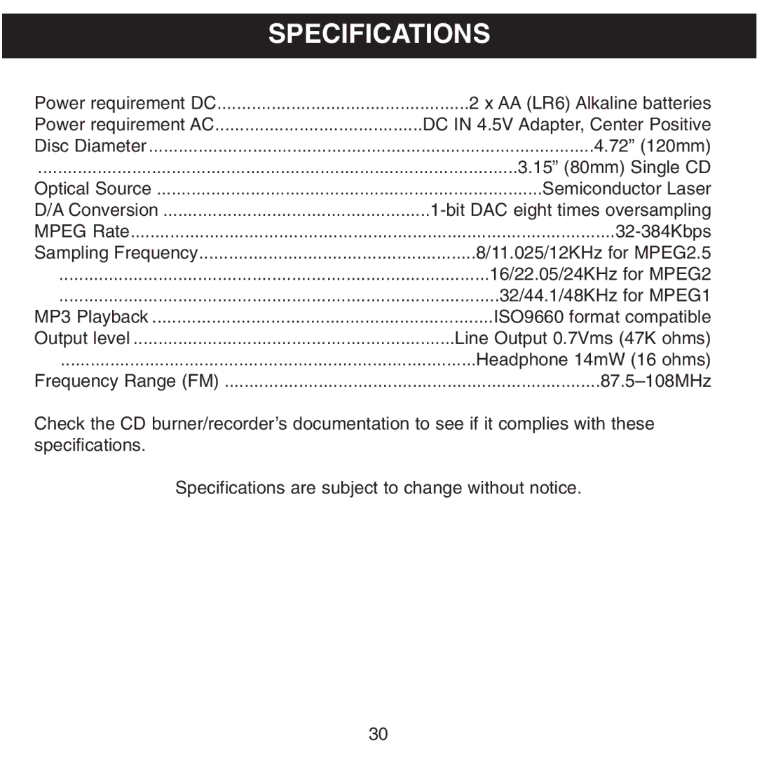 Memorex MPD8601 manual Specifications 