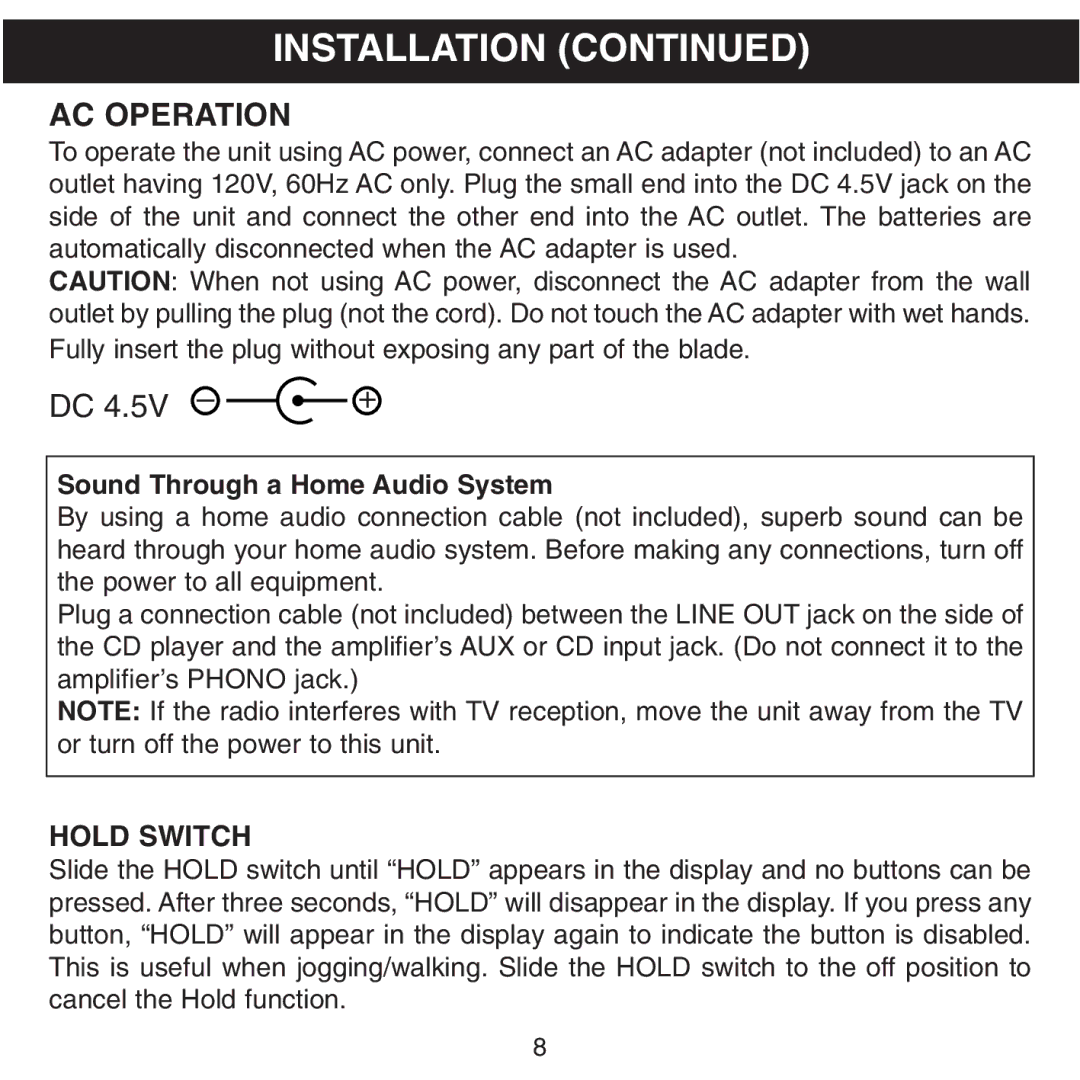 Memorex MPD8601 manual AC Operation, Hold Switch 