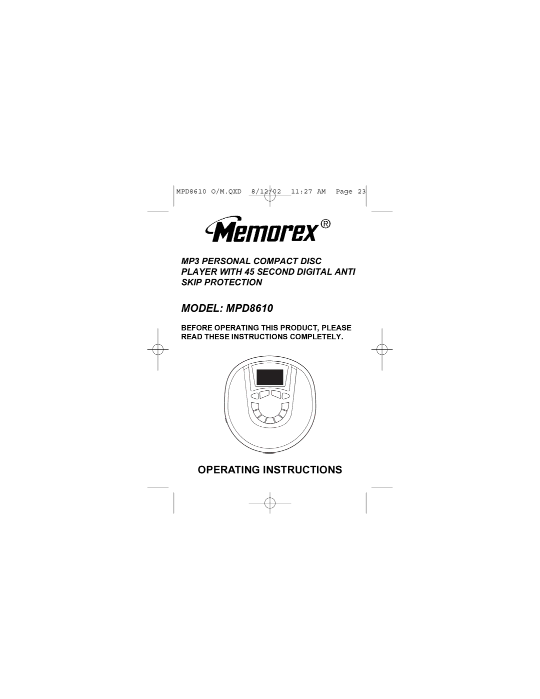 Memorex operating instructions Model MPD8610 