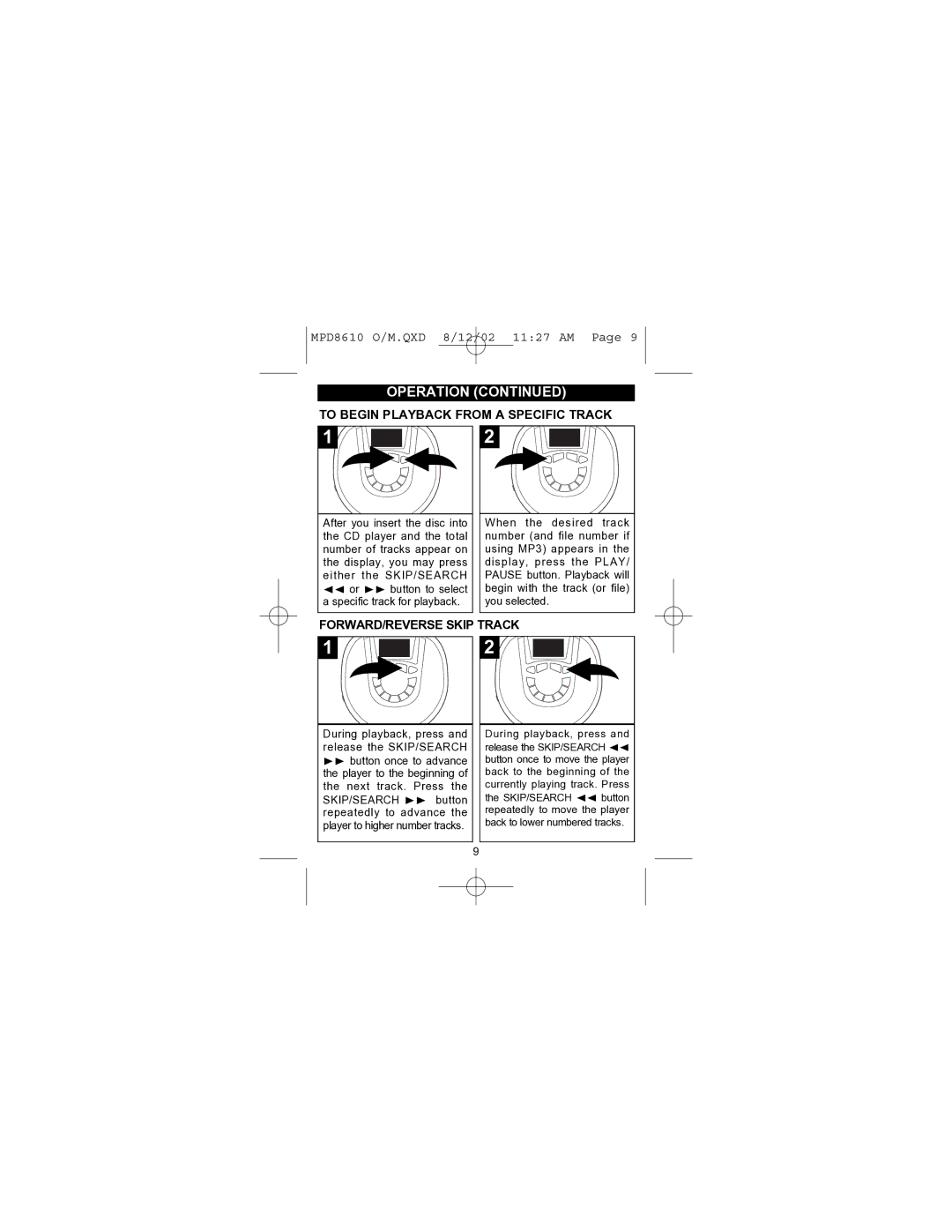 Memorex MPD8610 operating instructions To Begin Playback from a Specific Track, FORWARD/REVERSE Skip Track 