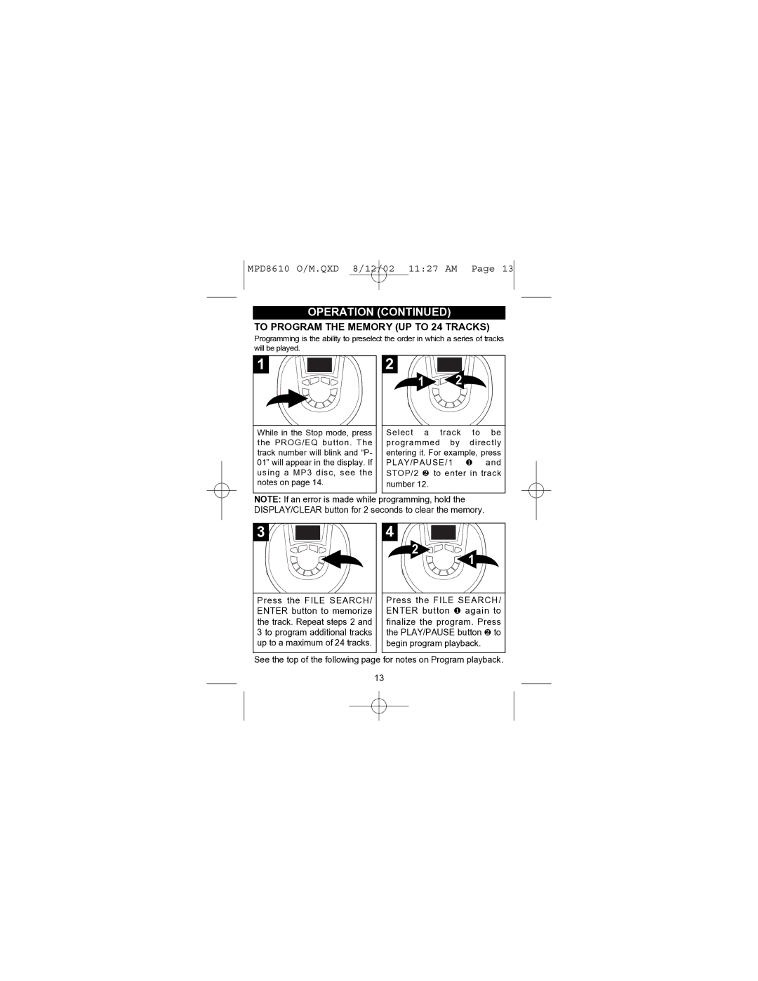 Memorex MPD8610 operating instructions To Program the Memory UP to 24 Tracks 