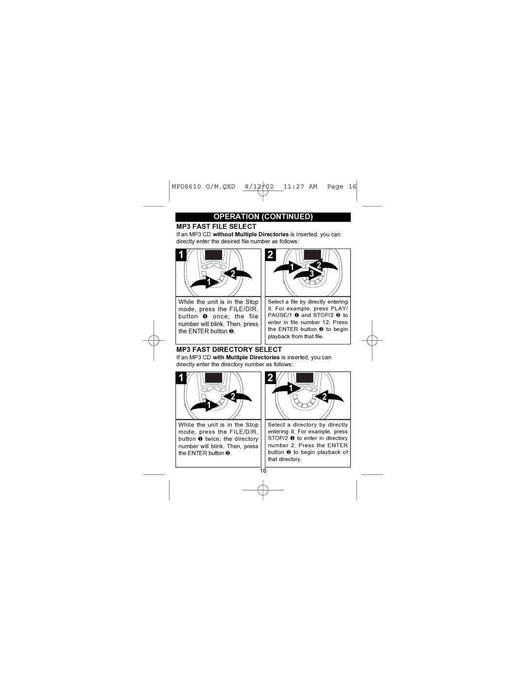 Memorex MPD8610 operating instructions MP3 Fast File Select, MP3 Fast Directory Select 