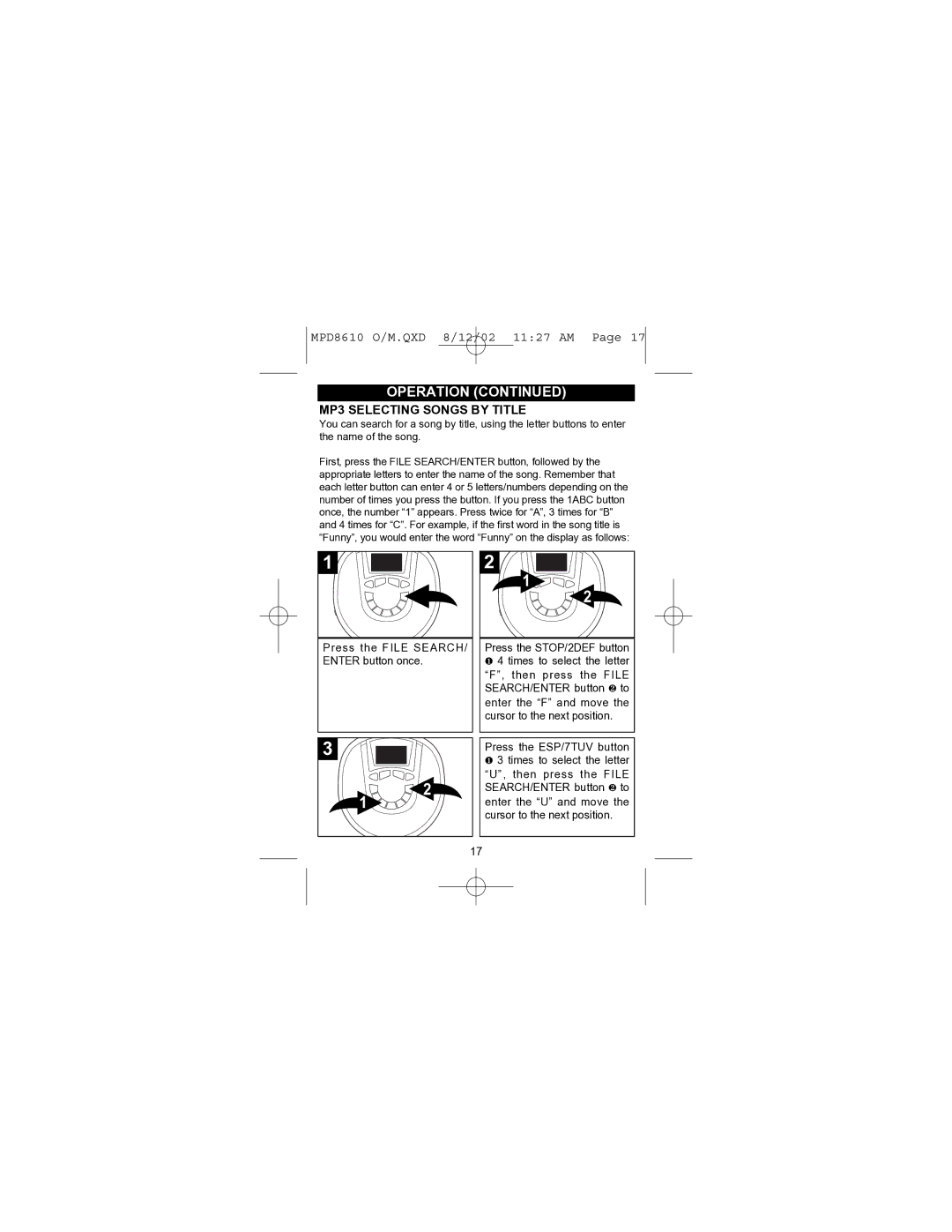 Memorex MPD8610 operating instructions MP3 Selecting Songs by Title 