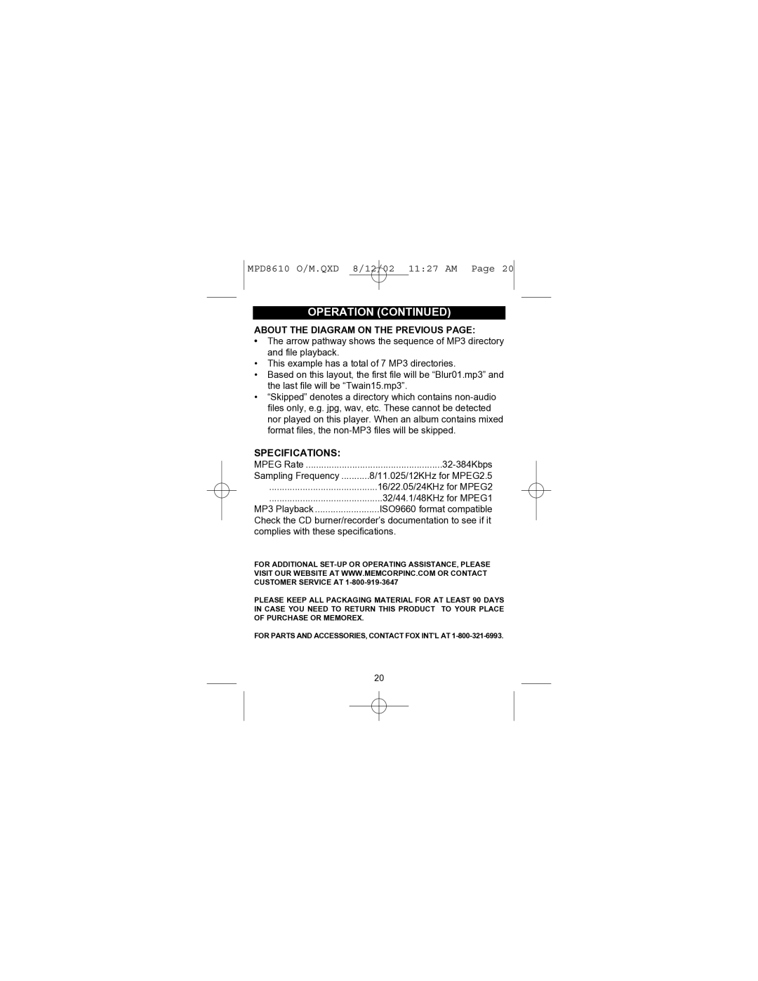 Memorex MPD8610 operating instructions Specifications, About the Diagram on the Previous 