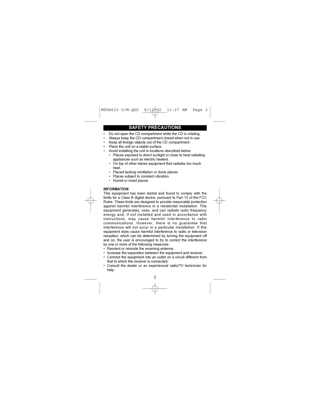 Memorex MPD8610 operating instructions Information 