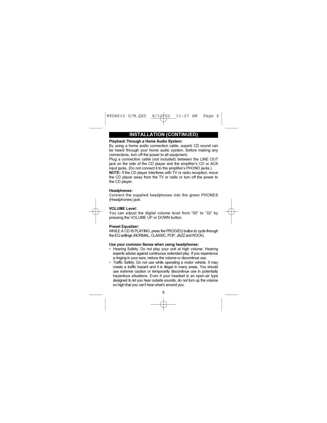 Memorex MPD8610 operating instructions Headphones 