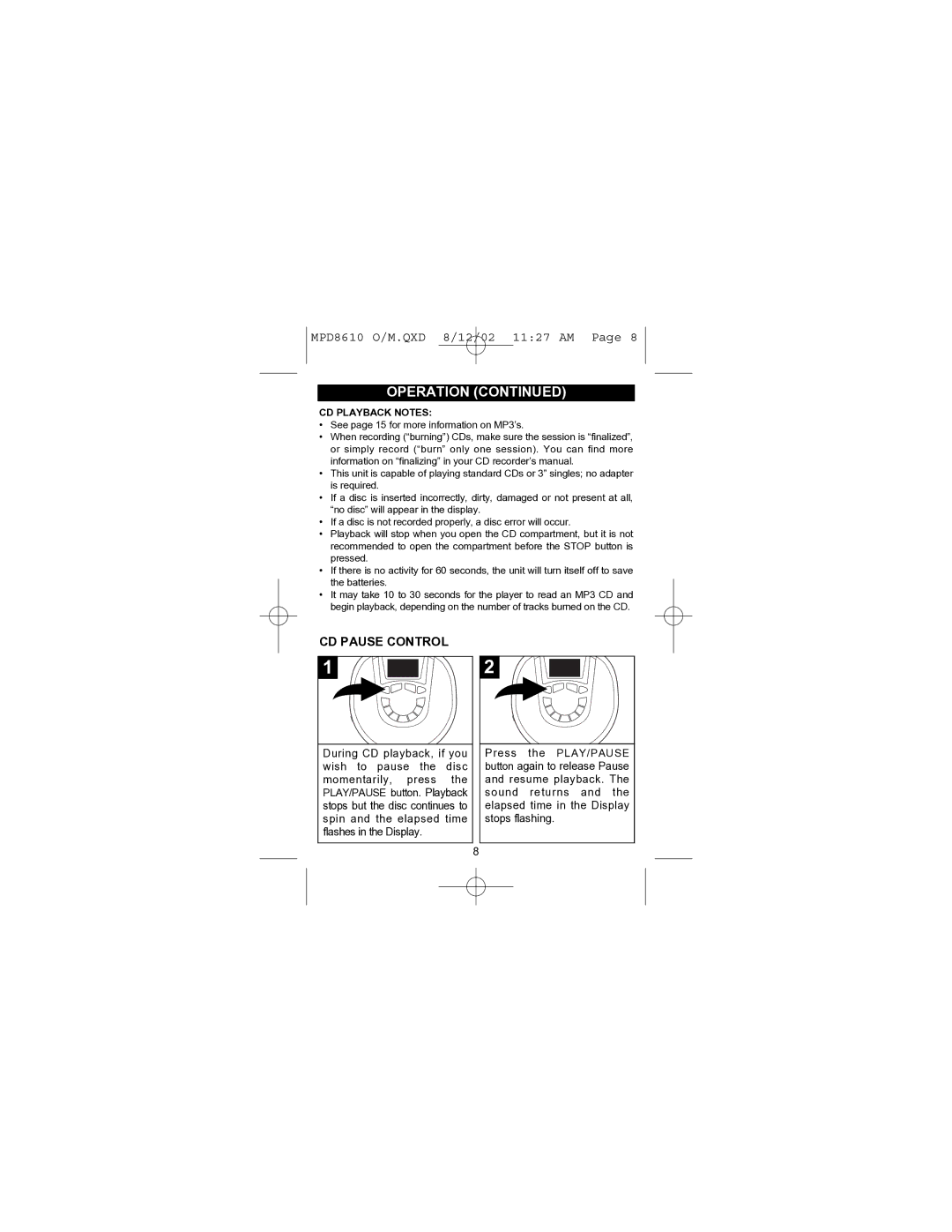 Memorex MPD8610 operating instructions CD Pause Control, CD Playback Notes 