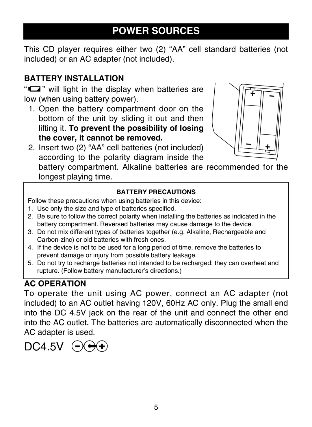 Memorex MPD8802 manual Power Sources, Battery Installation 