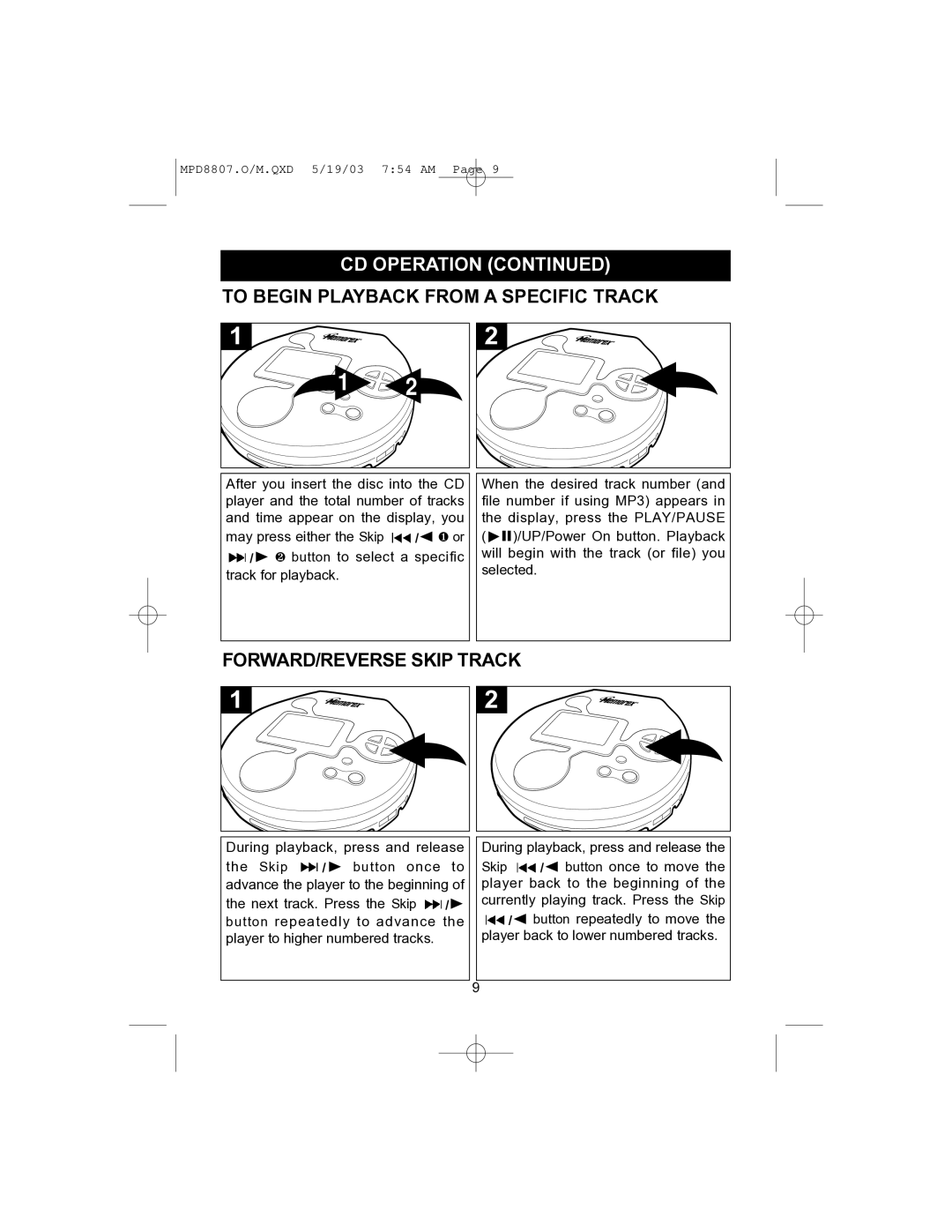 Memorex MPD8807CP manual To Begin Playback from a Specific Track, FORWARD/REVERSE Skip Track 