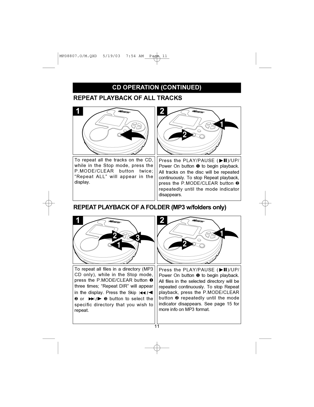 Memorex MPD8807CP manual Repeat Playback of ALL Tracks, Repeat Playback of a Folder MP3 w/folders only 