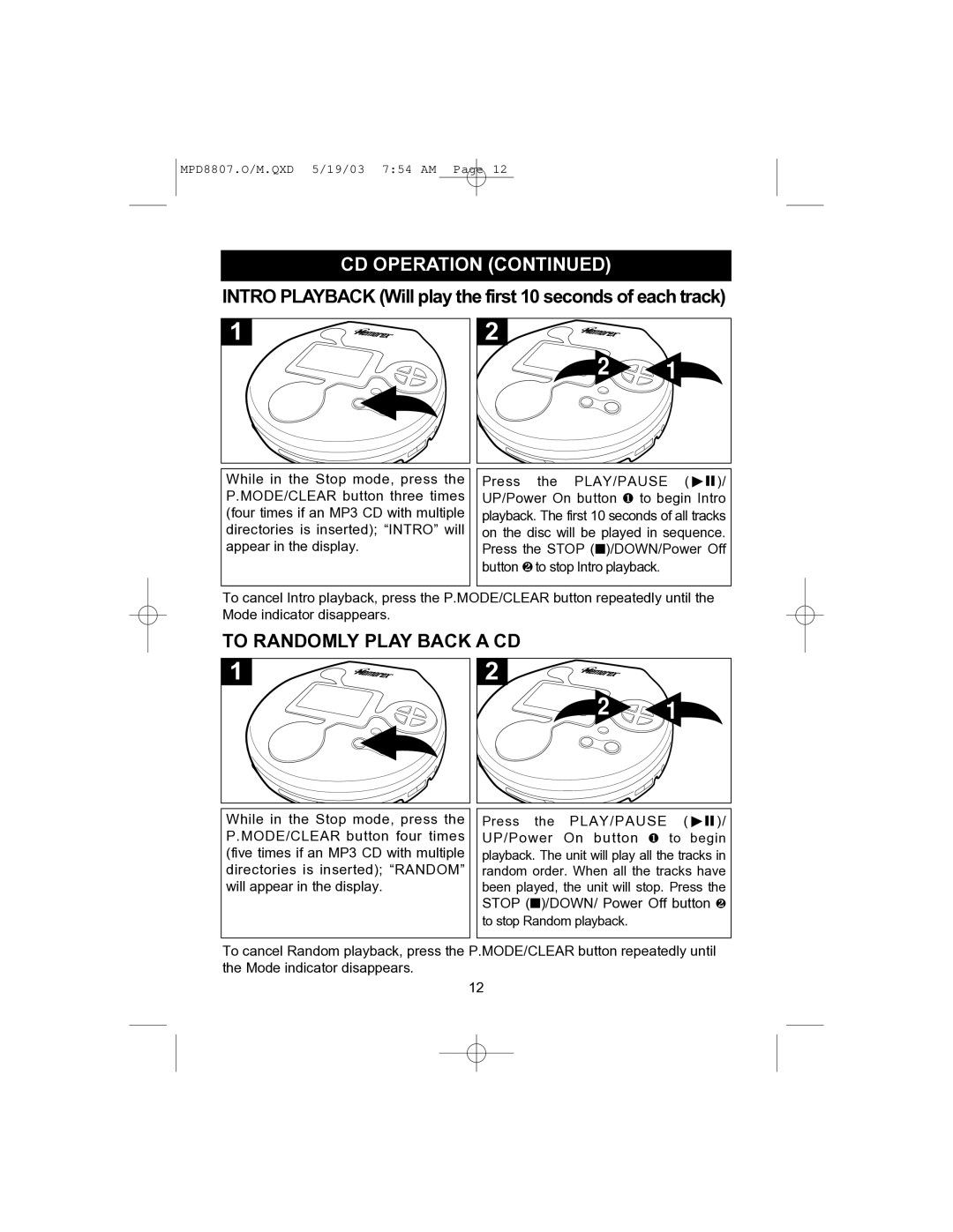 Memorex MPD8807CP manual Intro Playback Will play the first 10 seconds of each track, To Randomly Play Back a CD 