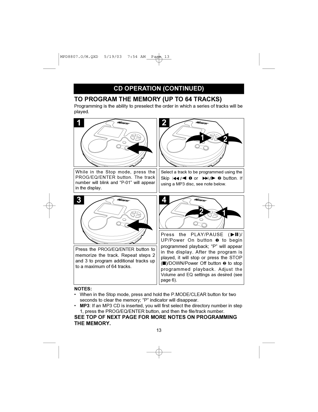 Memorex MPD8807CP manual To Program the Memory UP to 64 Tracks 