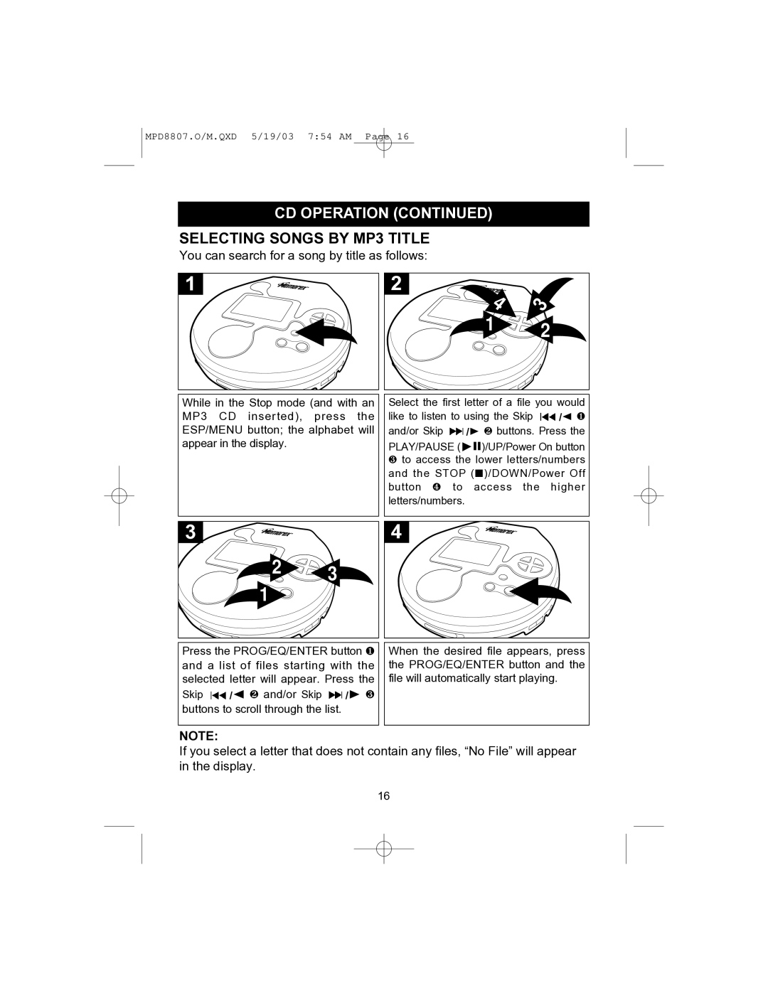 Memorex MPD8807CP manual Selecting Songs by MP3 Title, You can search for a song by title as follows 