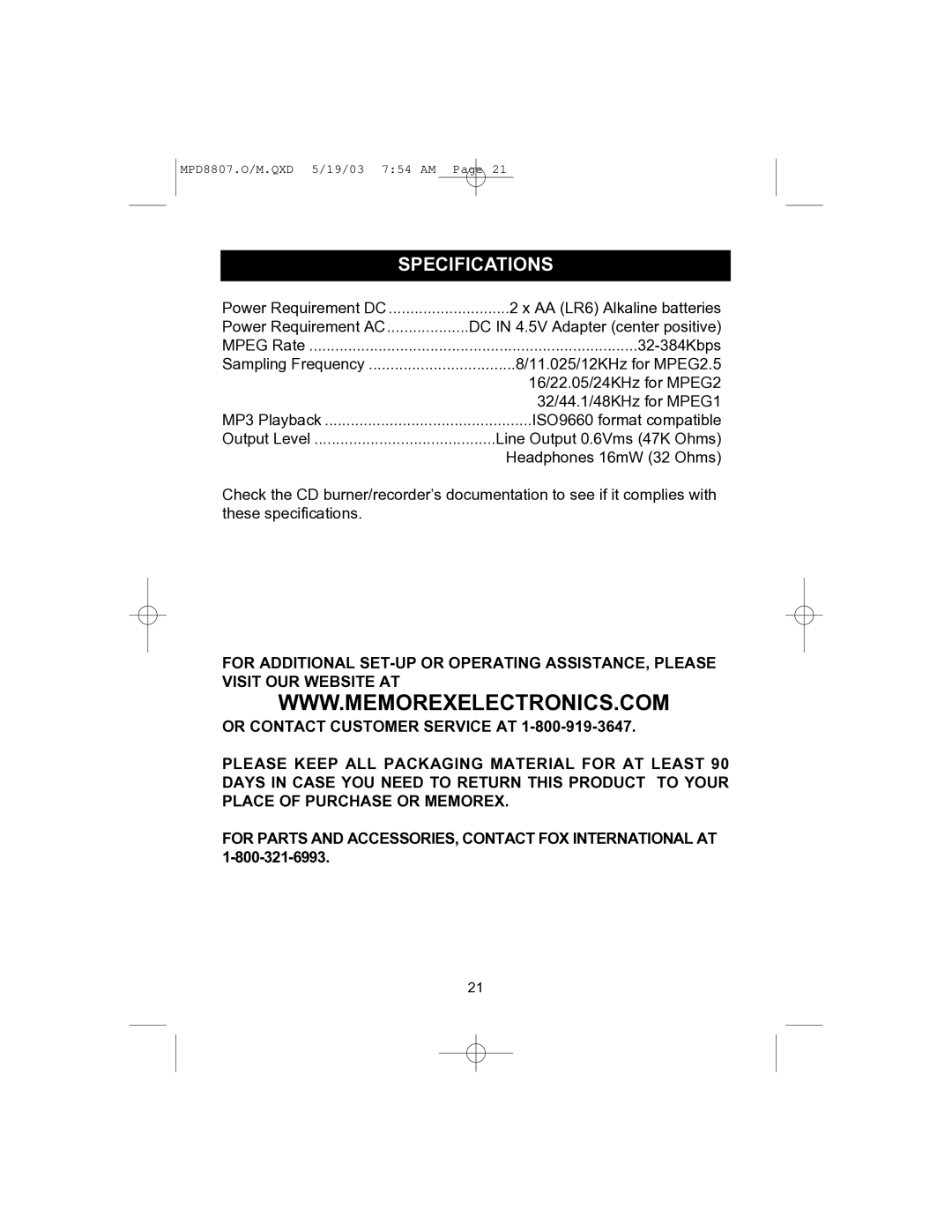 Memorex MPD8807CP manual Specifications 