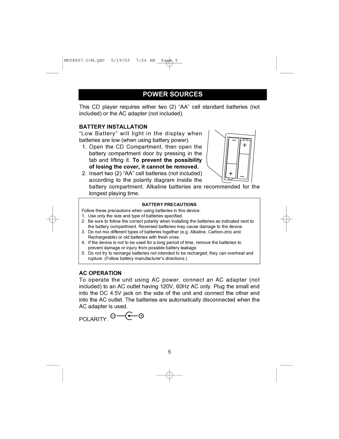 Memorex MPD8807CP manual Power Sources, Battery Installation 