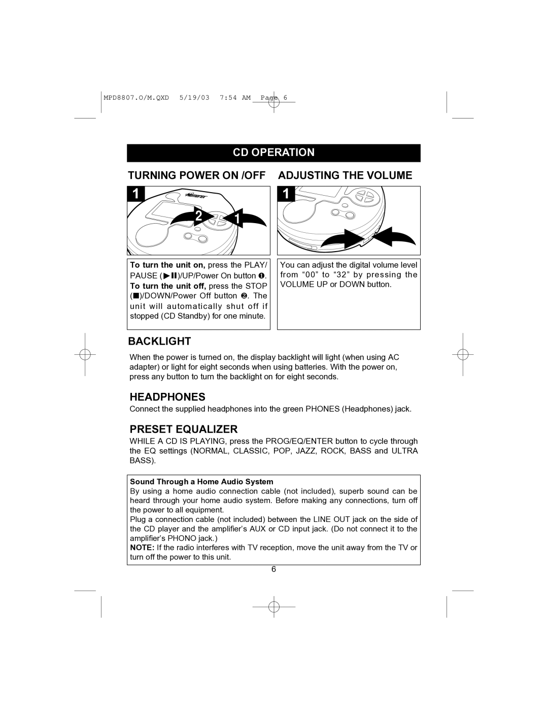 Memorex MPD8807CP manual CD Operation 