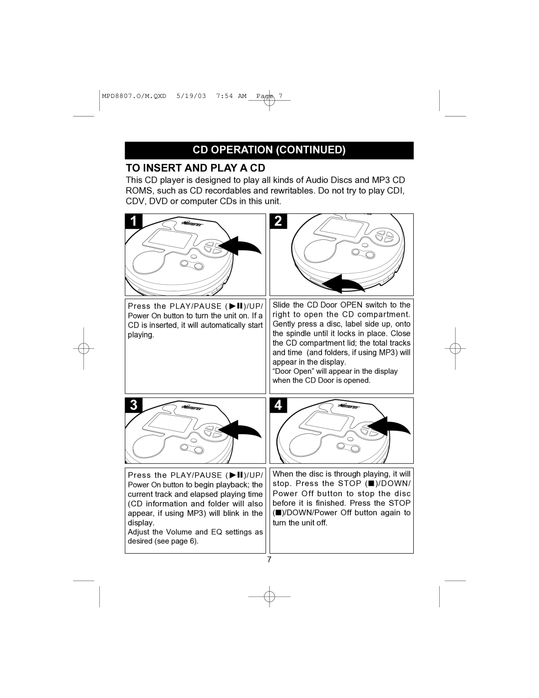 Memorex MPD8807CP manual To Insert and Play a CD 