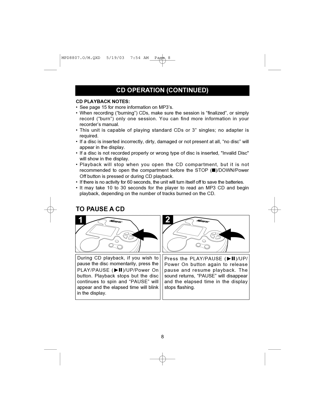 Memorex MPD8807CP manual To Pause a CD, CD Playback Notes 