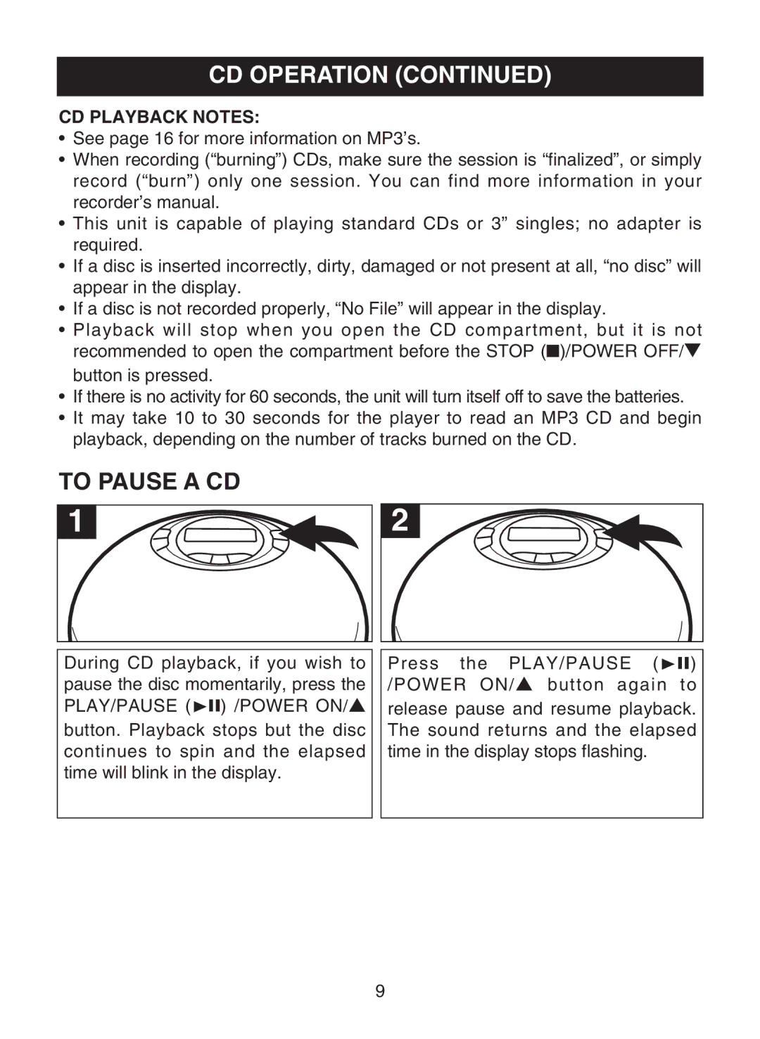 Memorex MPD8812 manual To Pause a CD, CD Playback Notes 
