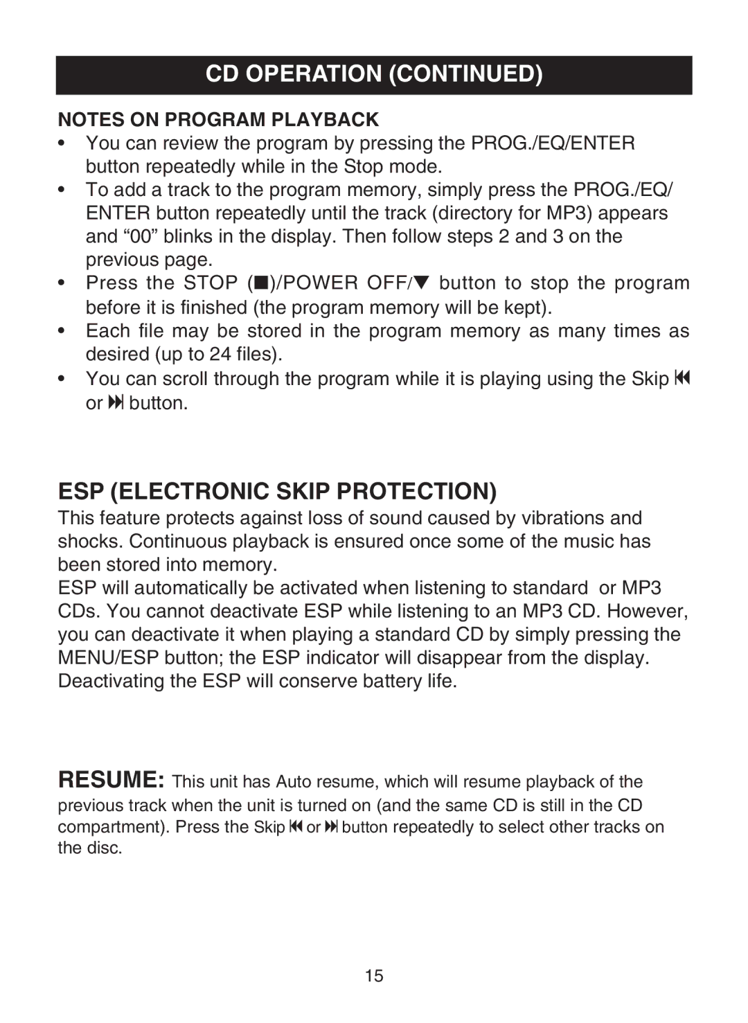 Memorex MPD8812 manual ESP Electronic Skip Protection 