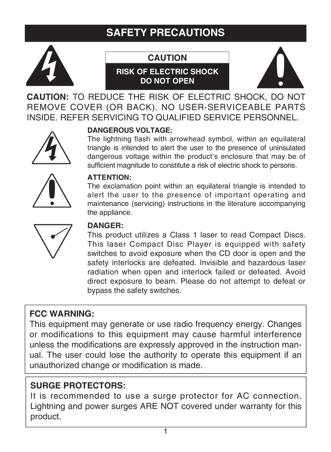 Memorex MPD8812 manual Safety Precautions, Risk of Electric Shock Do not Open 